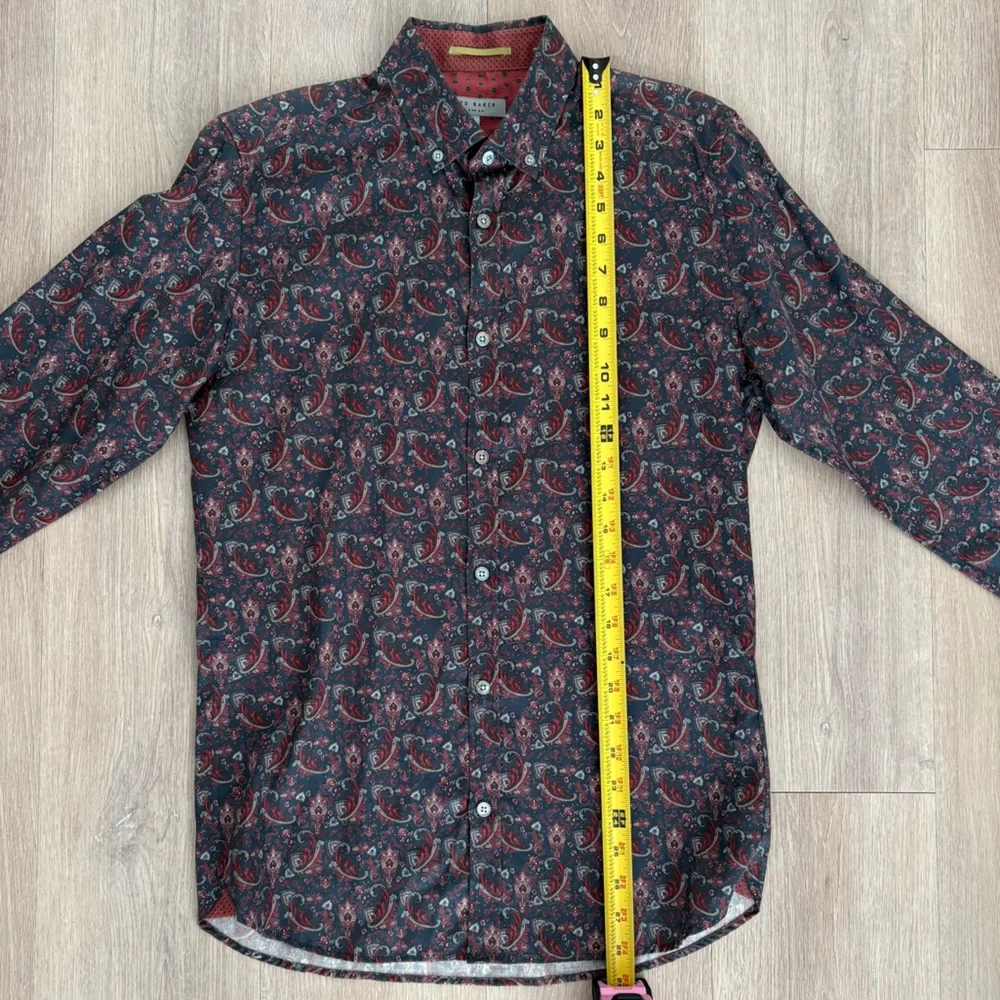 Ted Baker Mens Paisley Long Sleeve Shirt Size 2 36 Small Navy Blue Burgundy - Picture 6 of 13